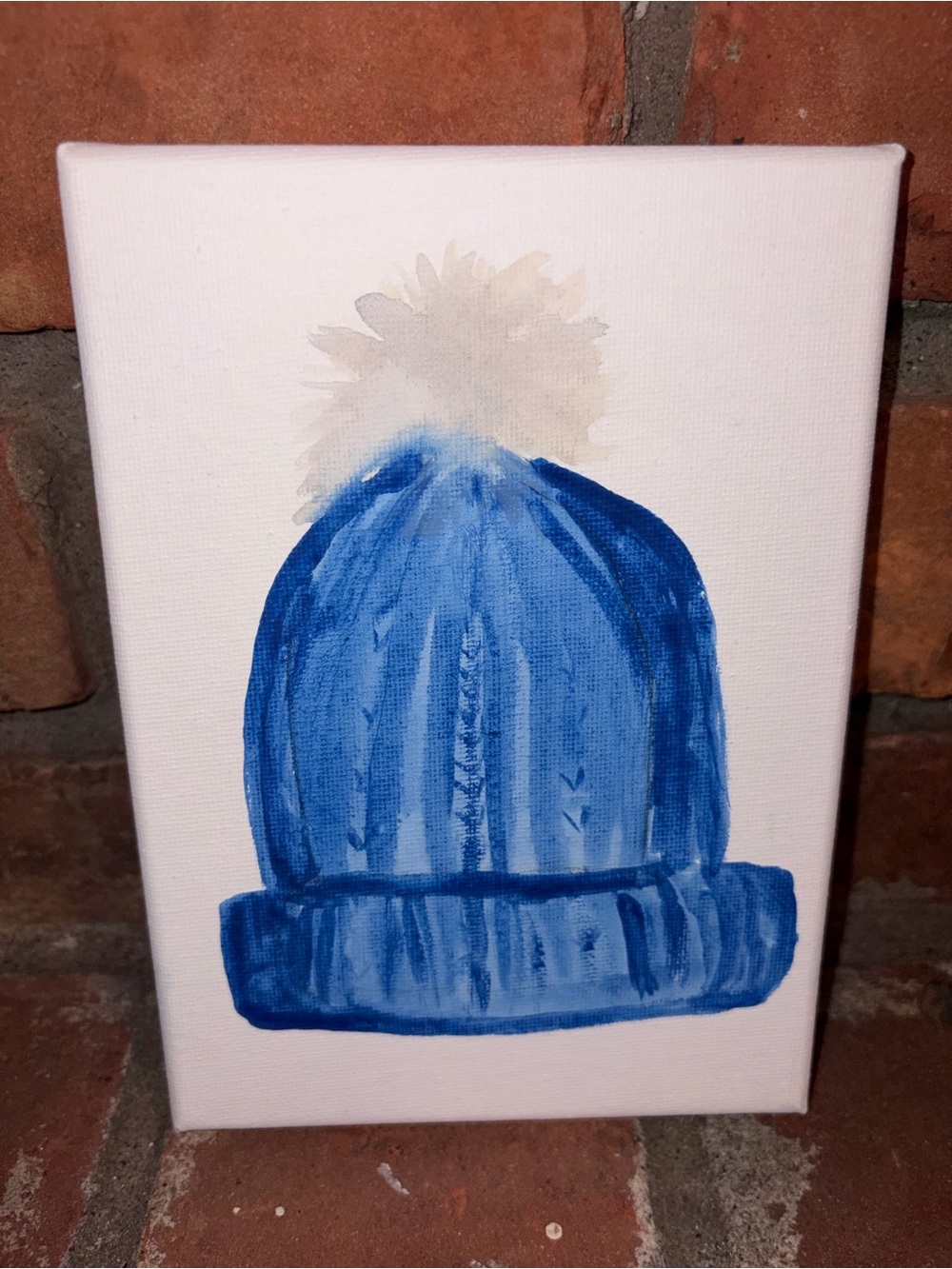 Blue Pom-Pom Beanie Canvas Art Print Watercolor